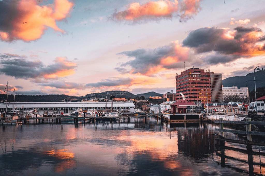 Hobart waterfront and Constitution Dock at sunset